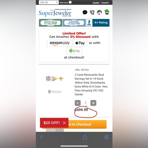 2 Ct. Moissanite 14K Gold Plated Screwback Studs - Picture 5 of 7